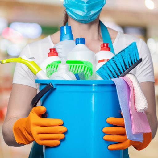 a bucket of cleaning products